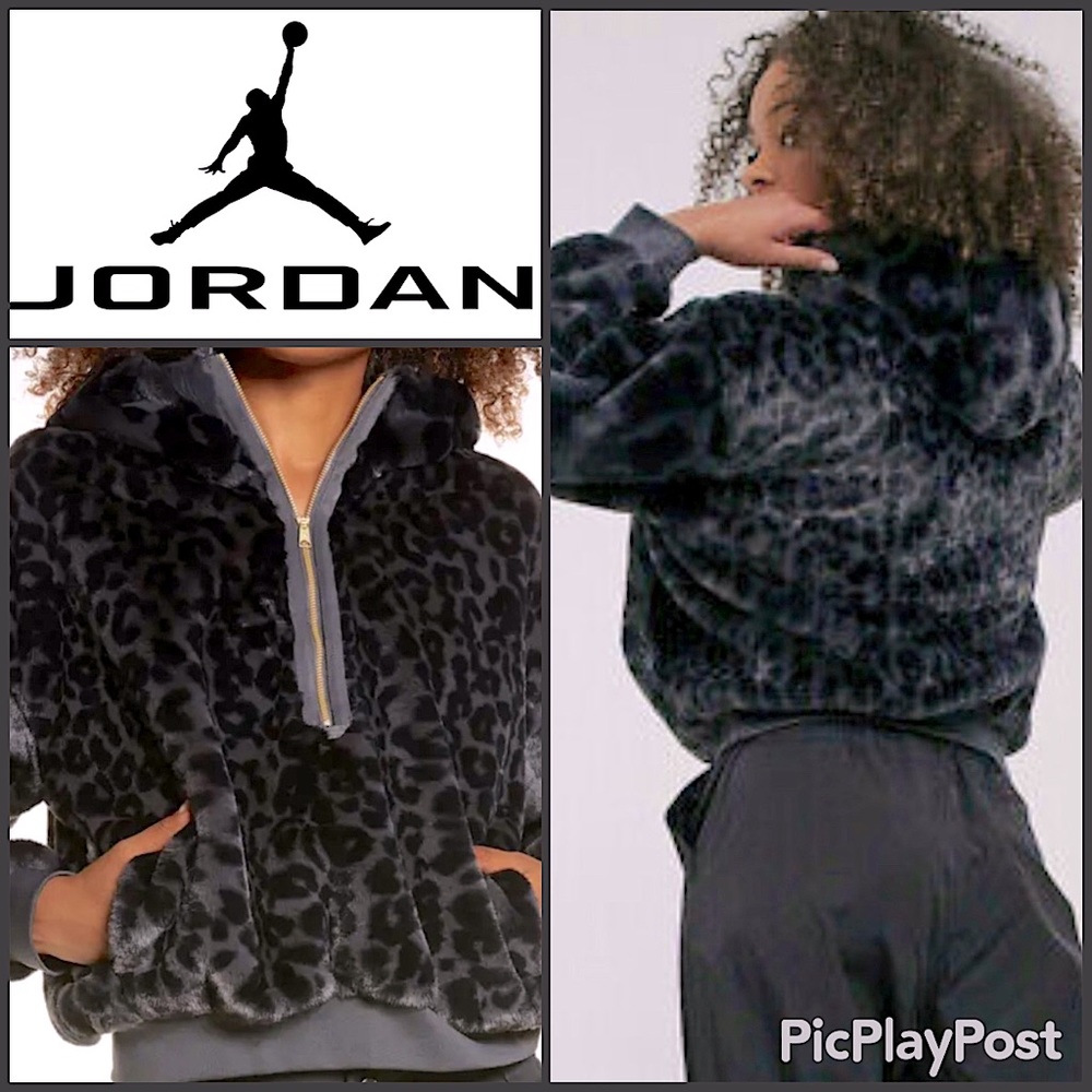 NEW Jordan Leopard Faux Fur HTF Logo Hoodie Court 2 Runway Lined Soft Faux Fur